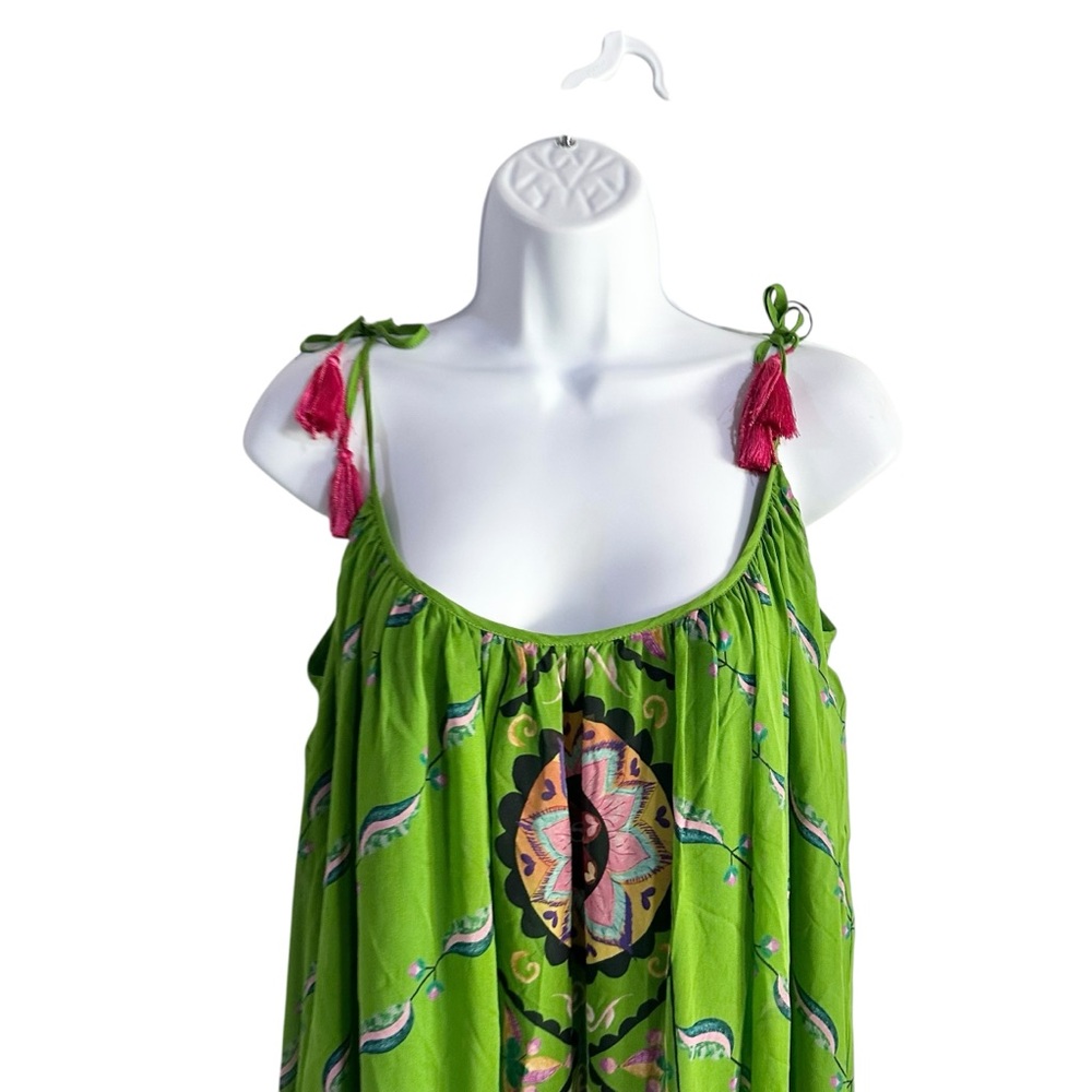 Saloni Edie Emerald Green Halo Print Tassel Tie Shoulder Silk Maxi Dress 0 NWT - Picture 5 of 13